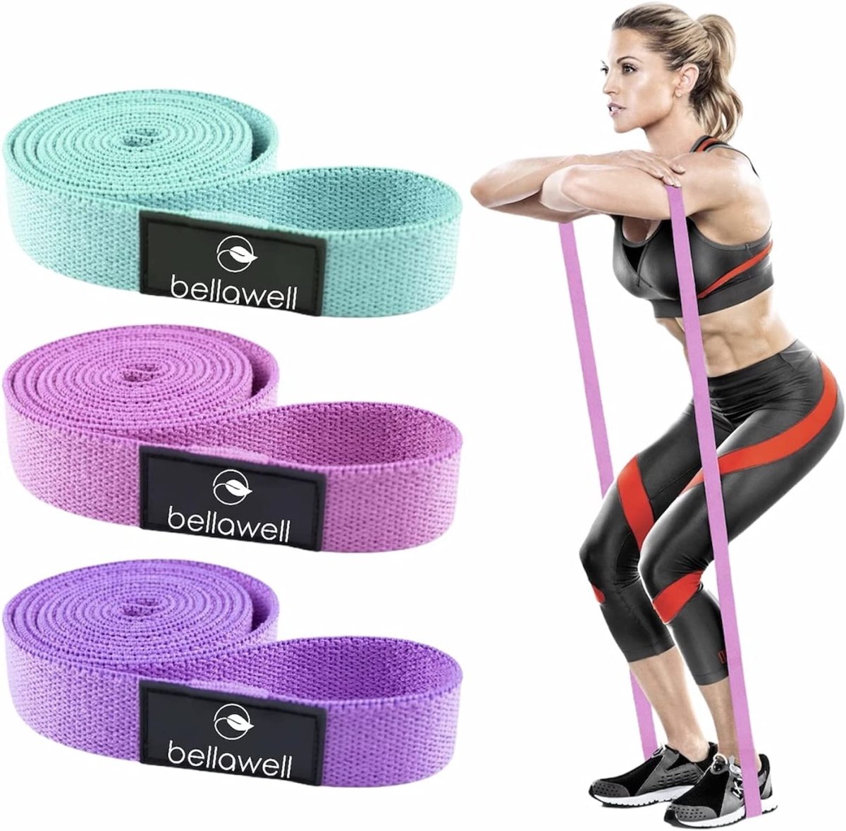 Long Resistance Bands 3 Strengths Purple, Pink and Green - Bellawell Health