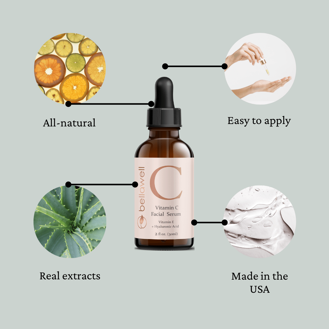 Vitamin C Serum for Face With Hyaluronic Acid, Vitamin E, Aloe Vera, and Jojoba oil 2 fl oz by Bellawell - Bellawell Health