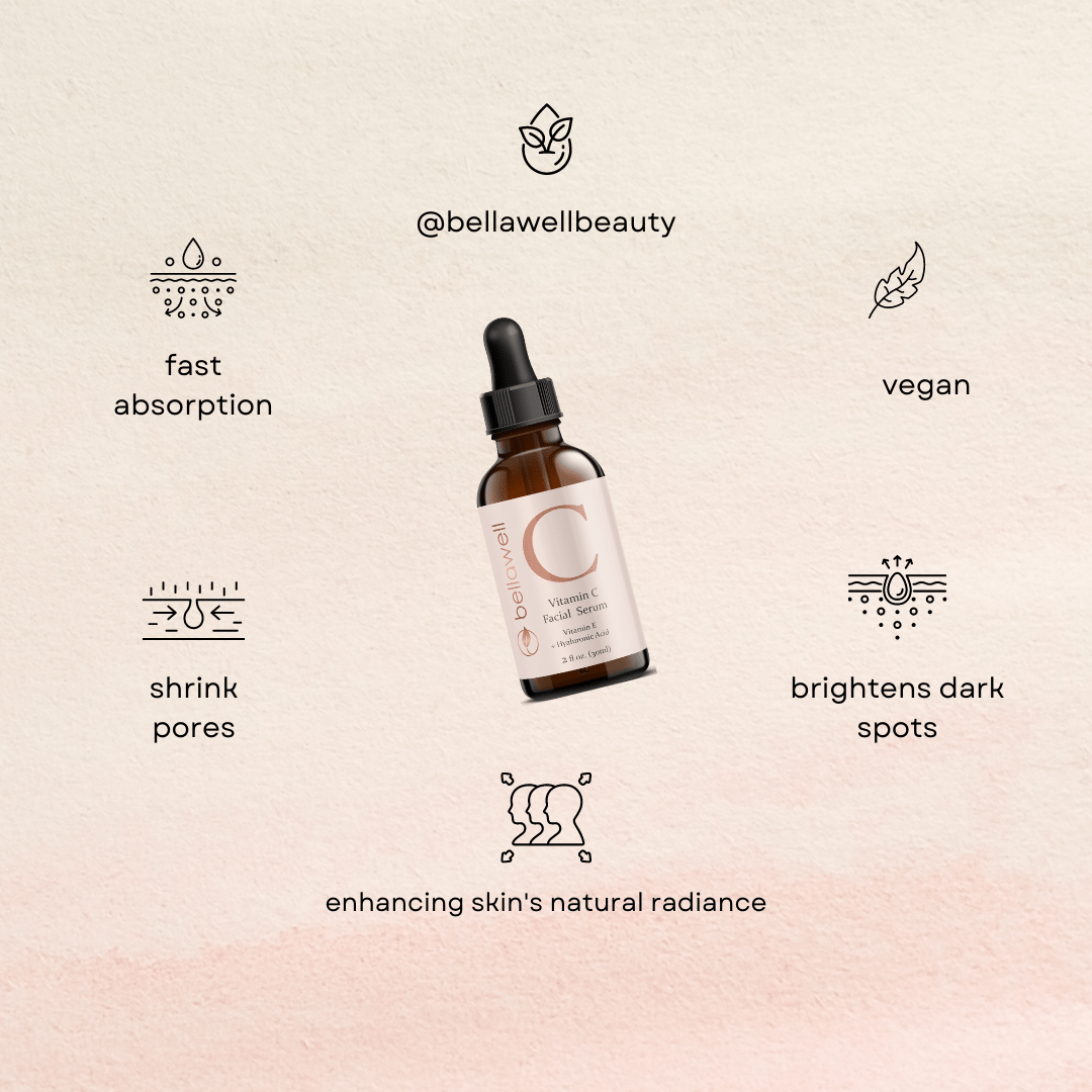 Vitamin C Serum for Face With Hyaluronic Acid, Vitamin E, Aloe Vera, and Jojoba oil 2 fl oz by Bellawell - Bellawell Health